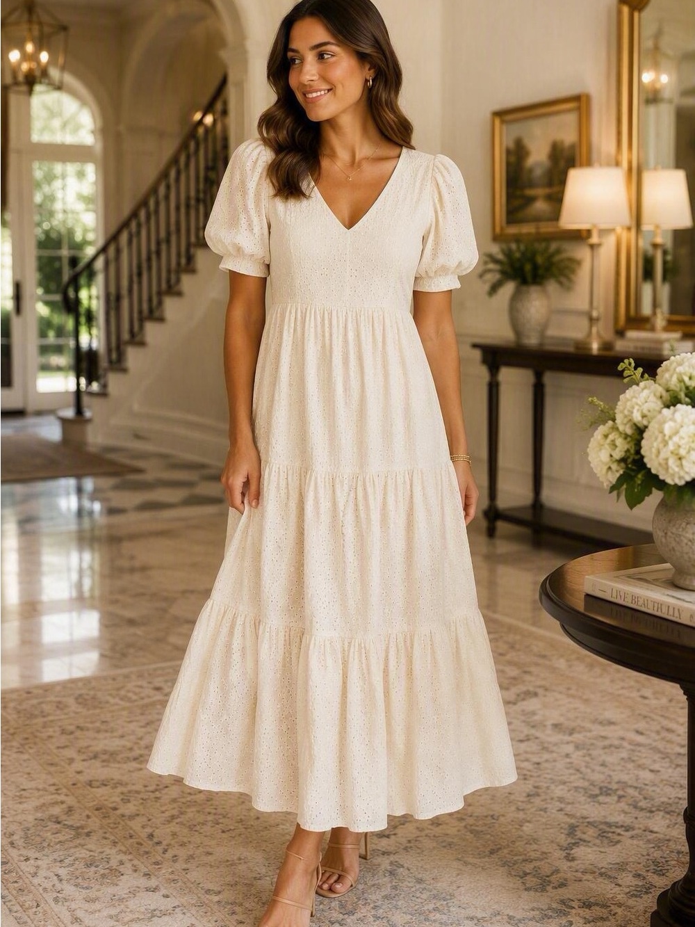 MOTHER Cream Eyelet V-Neck Tiered Maxi Dress